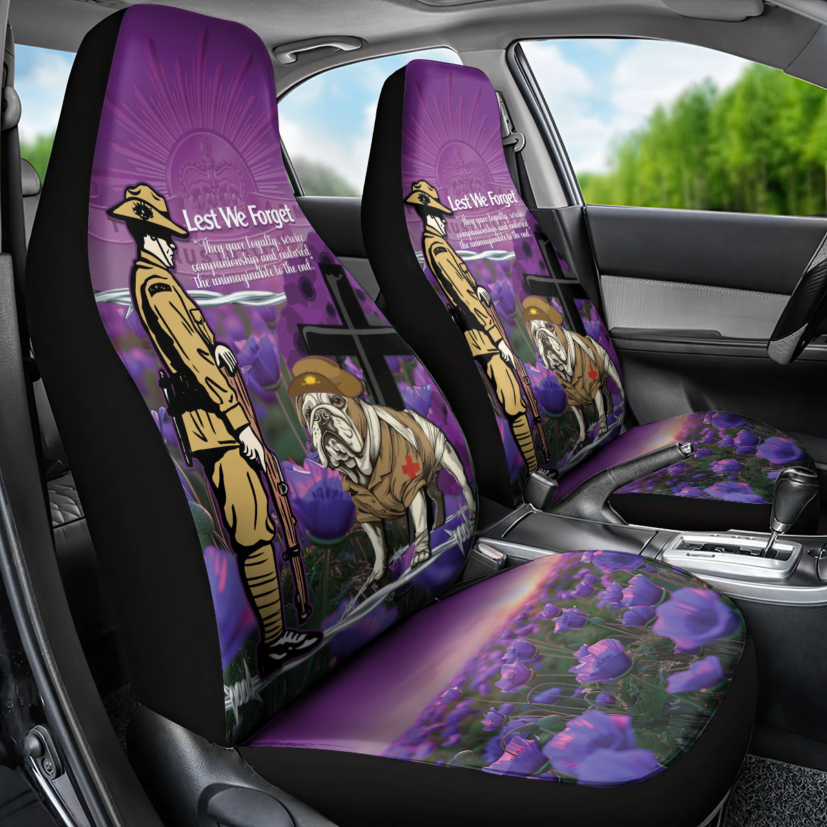 Australia Dog Heroes ANZAC Car Seat Cover Remembering All Animals In War Purple Poppies