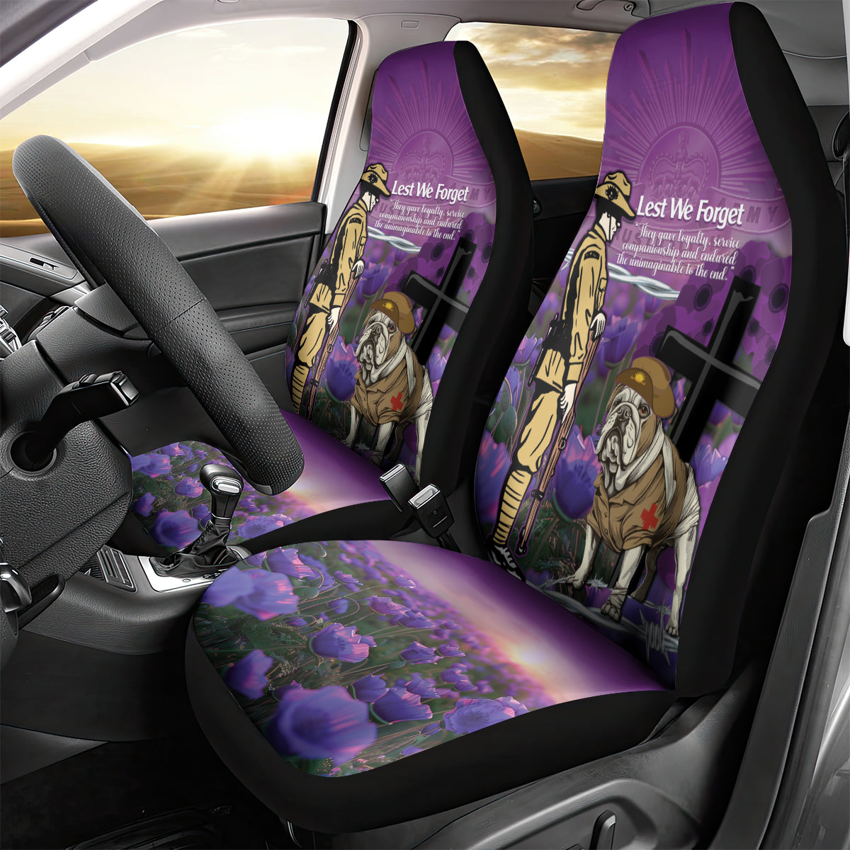Australia Dog Heroes ANZAC Car Seat Cover Remembering All Animals In War Purple Poppies