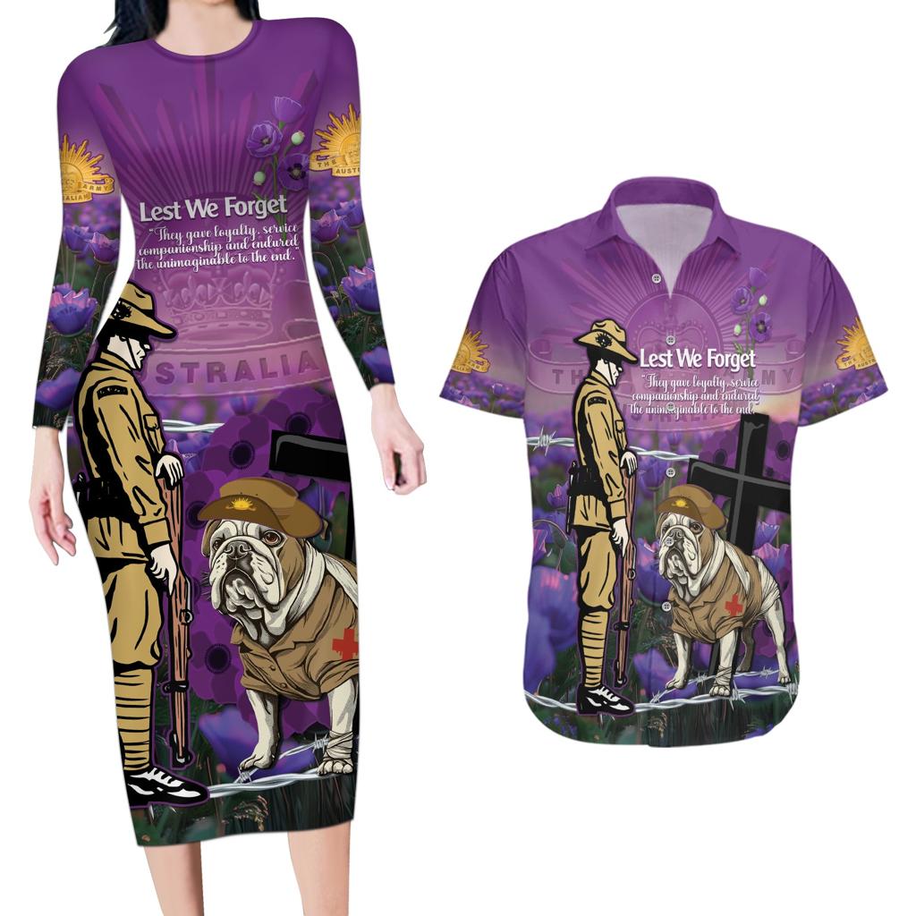 Australia Dog Heroes ANZAC Couples Matching Long Sleeve Bodycon Dress and Hawaiian Shirt Remembering All Animals In War Purple Poppies