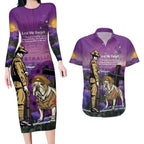 Australia Dog Heroes ANZAC Couples Matching Long Sleeve Bodycon Dress and Hawaiian Shirt Remembering All Animals In War Purple Poppies