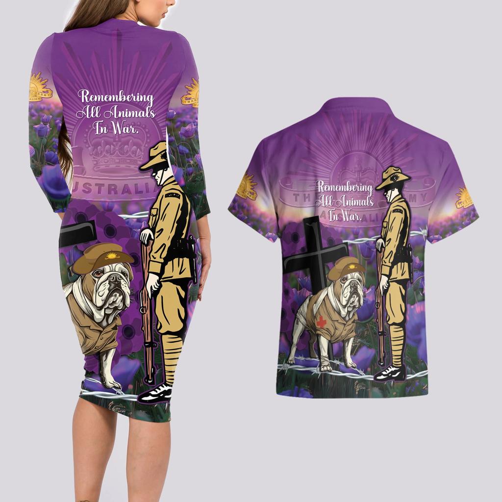 Australia Dog Heroes ANZAC Couples Matching Long Sleeve Bodycon Dress and Hawaiian Shirt Remembering All Animals In War Purple Poppies