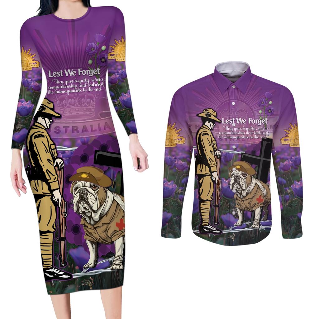 Australia Dog Heroes ANZAC Couples Matching Long Sleeve Bodycon Dress and Long Sleeve Button Shirt Remembering All Animals In War Purple Poppies
