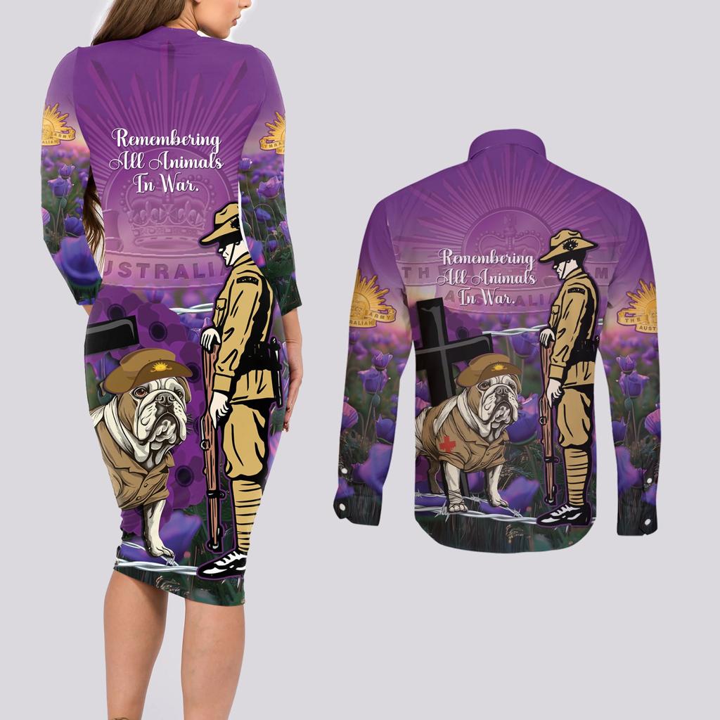 Australia Dog Heroes ANZAC Couples Matching Long Sleeve Bodycon Dress and Long Sleeve Button Shirt Remembering All Animals In War Purple Poppies