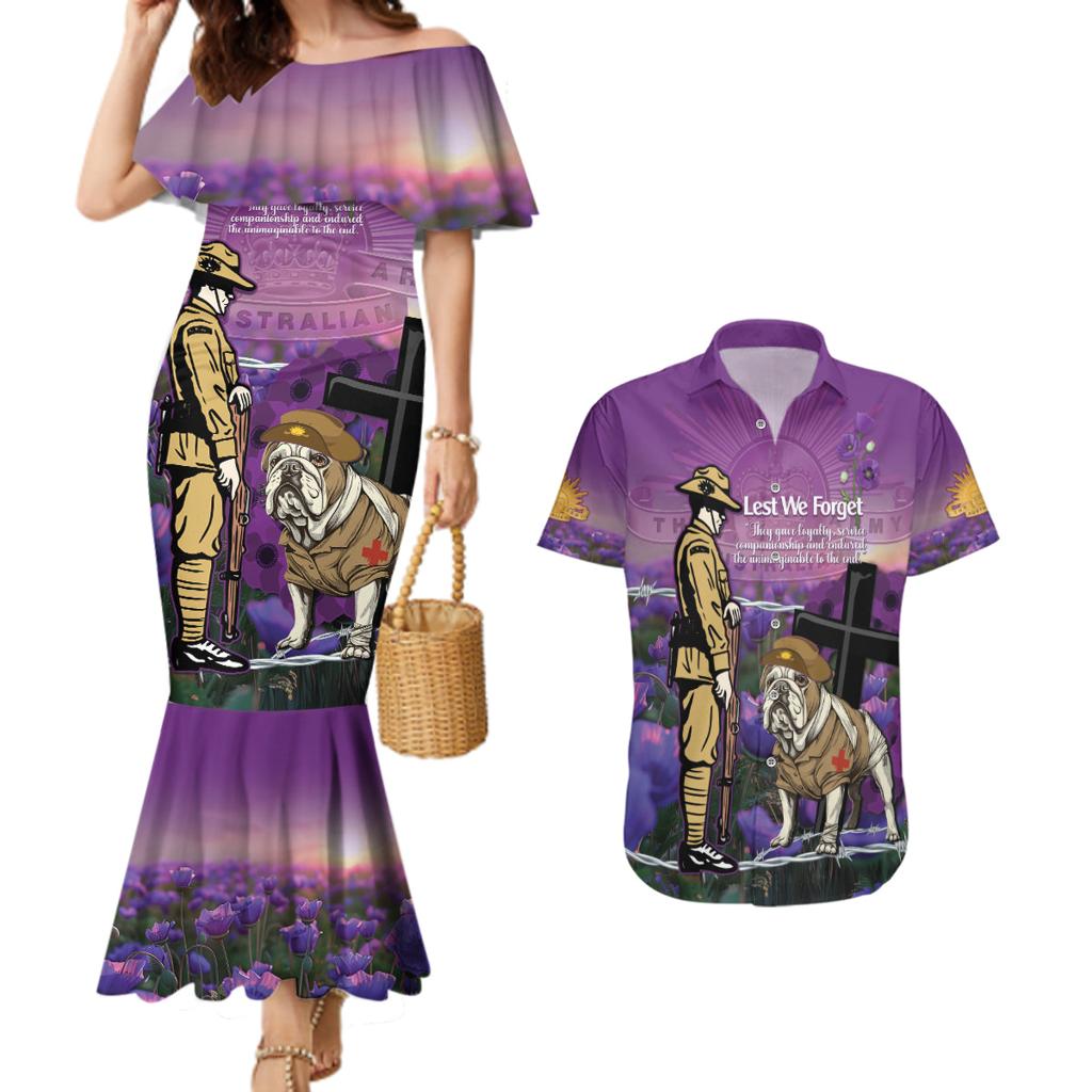 Australia Dog Heroes ANZAC Couples Matching Mermaid Dress and Hawaiian Shirt Remembering All Animals In War Purple Poppies