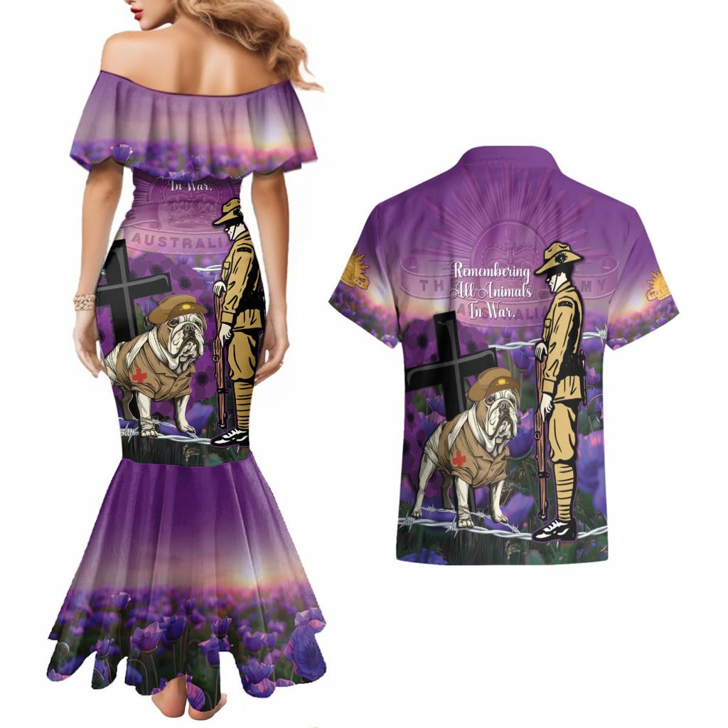 Australia Dog Heroes ANZAC Couples Matching Mermaid Dress and Hawaiian Shirt Remembering All Animals In War Purple Poppies