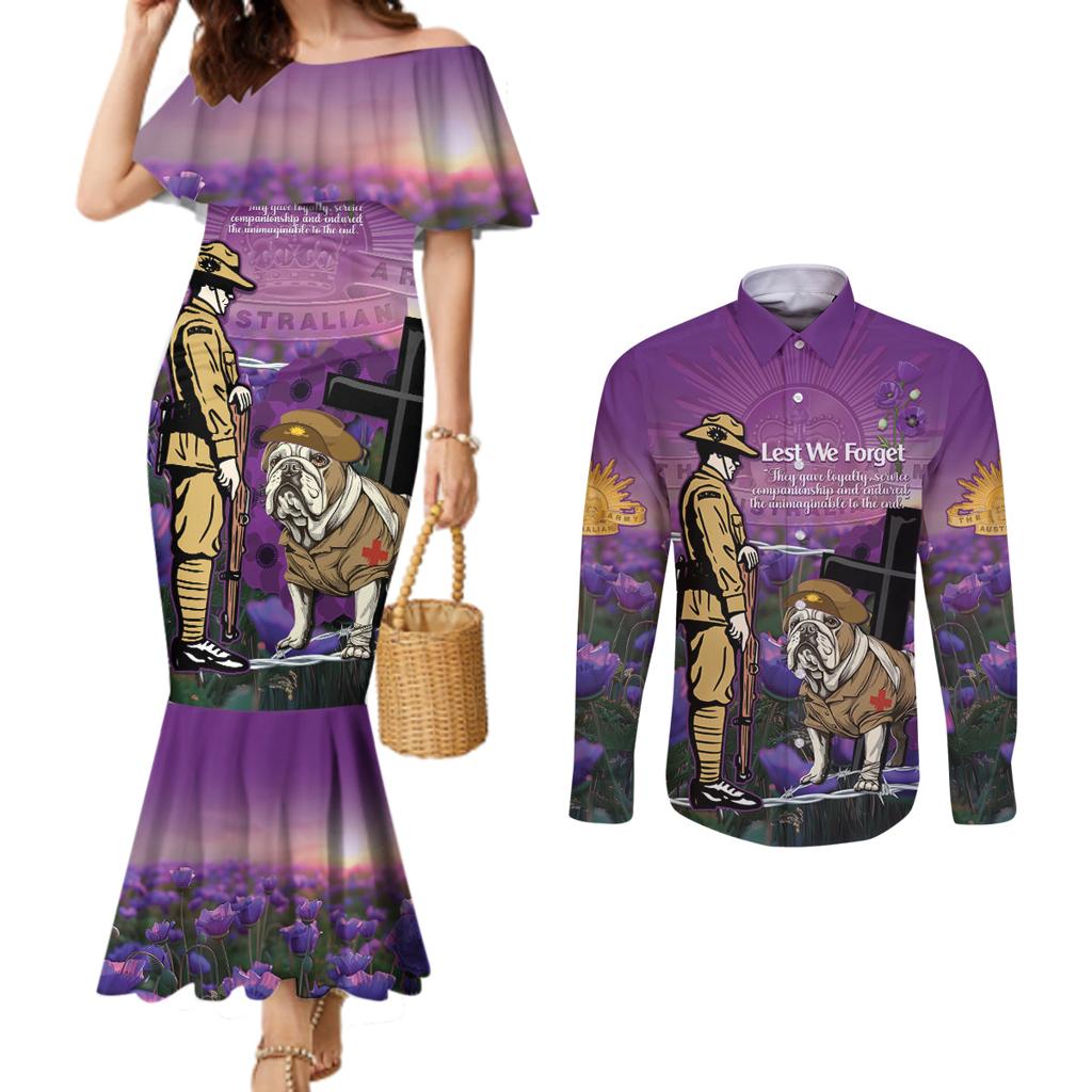 Australia Dog Heroes ANZAC Couples Matching Mermaid Dress and Long Sleeve Button Shirt Remembering All Animals In War Purple Poppies