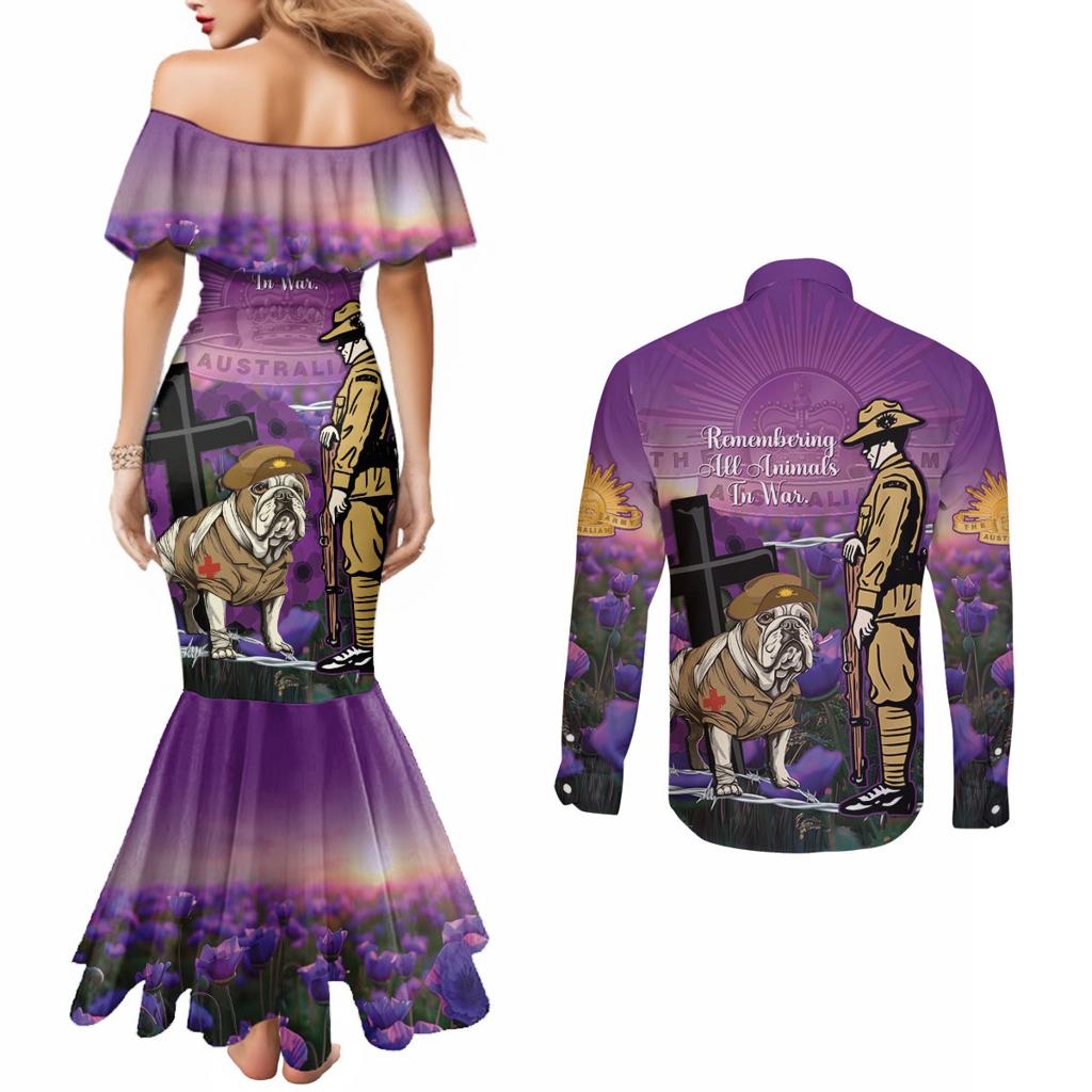 Australia Dog Heroes ANZAC Couples Matching Mermaid Dress and Long Sleeve Button Shirt Remembering All Animals In War Purple Poppies