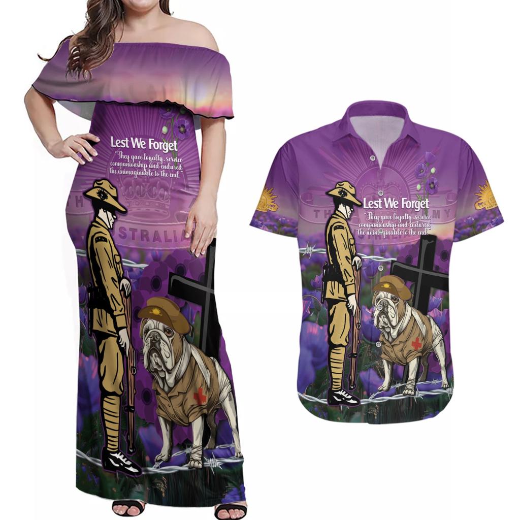 Australia Dog Heroes ANZAC Couples Matching Off Shoulder Maxi Dress and Hawaiian Shirt Remembering All Animals In War Purple Poppies