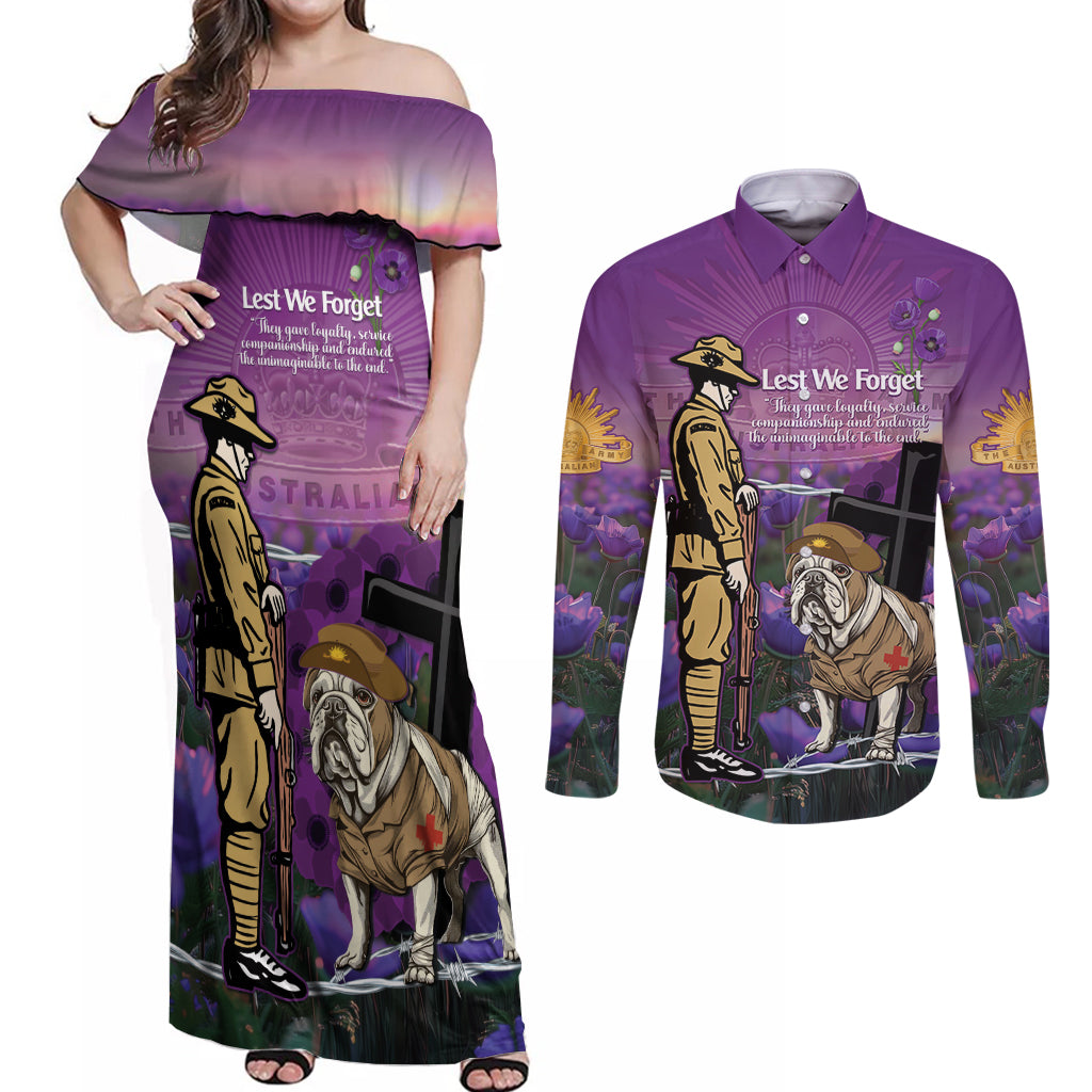 Australia Dog Heroes ANZAC Couples Matching Off Shoulder Maxi Dress and Long Sleeve Button Shirt Remembering All Animals In War Purple Poppies