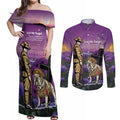Australia Dog Heroes ANZAC Couples Matching Off Shoulder Maxi Dress and Long Sleeve Button Shirt Remembering All Animals In War Purple Poppies