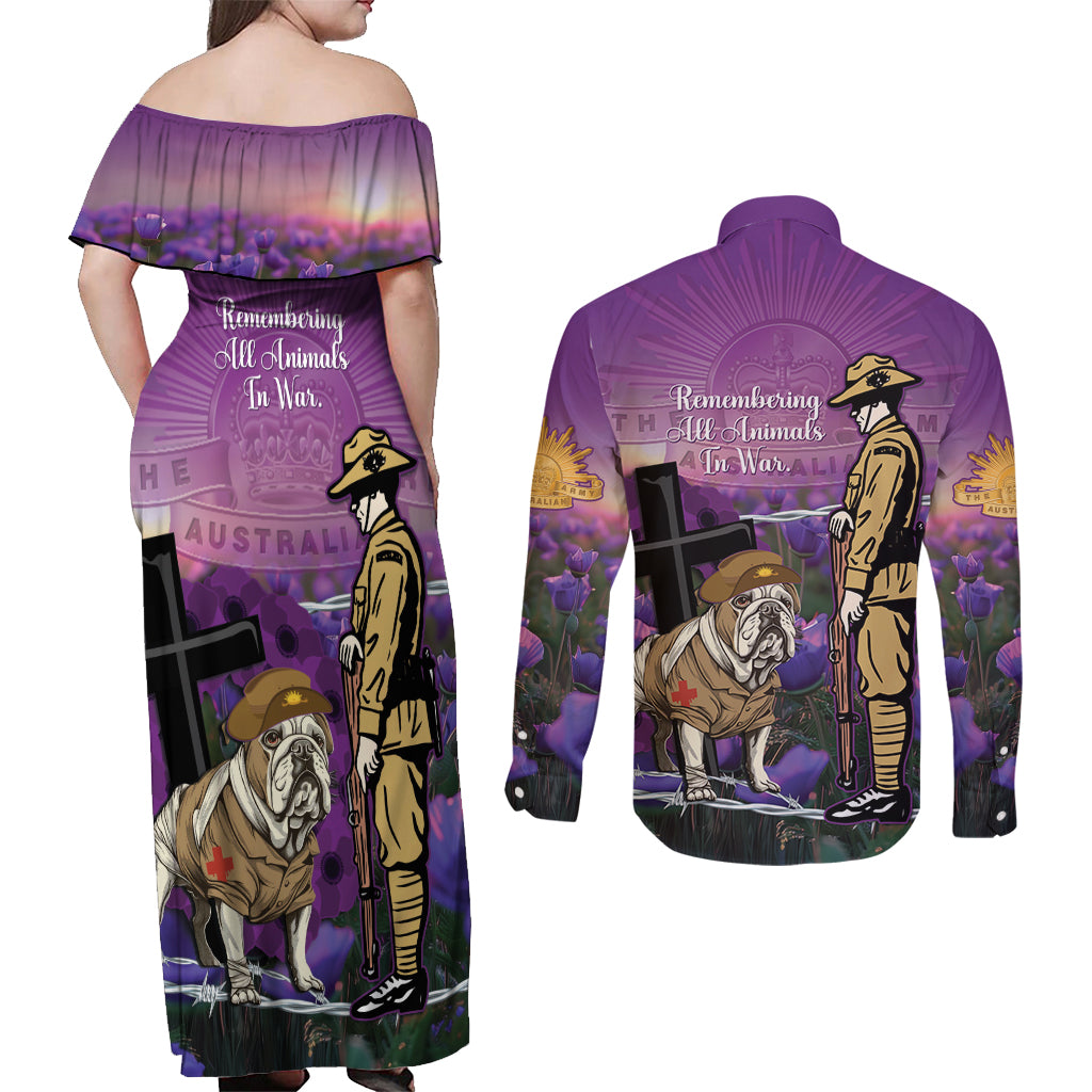 Australia Dog Heroes ANZAC Couples Matching Off Shoulder Maxi Dress and Long Sleeve Button Shirt Remembering All Animals In War Purple Poppies