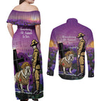 Australia Dog Heroes ANZAC Couples Matching Off Shoulder Maxi Dress and Long Sleeve Button Shirt Remembering All Animals In War Purple Poppies