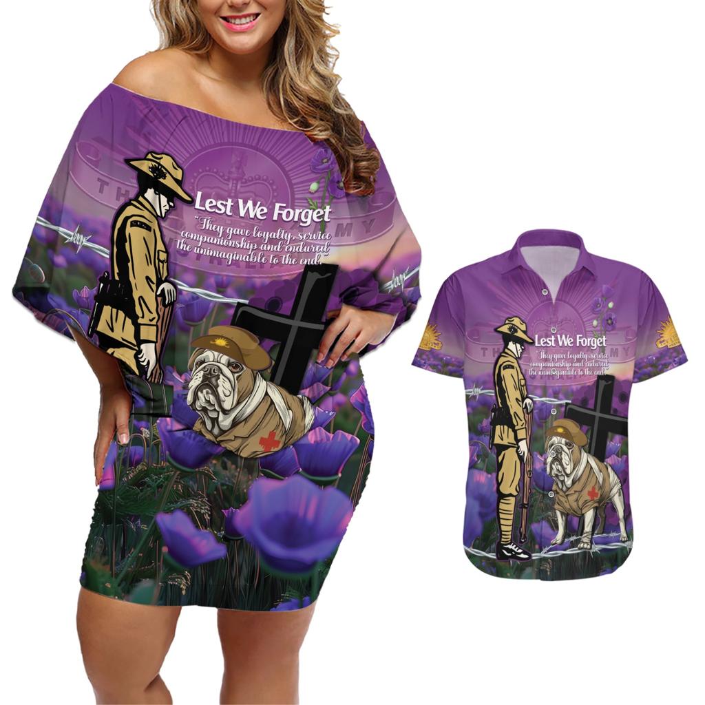 Australia Dog Heroes ANZAC Couples Matching Off Shoulder Short Dress and Hawaiian Shirt Remembering All Animals In War Purple Poppies
