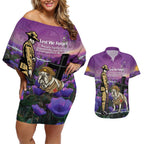 Australia Dog Heroes ANZAC Couples Matching Off Shoulder Short Dress and Hawaiian Shirt Remembering All Animals In War Purple Poppies