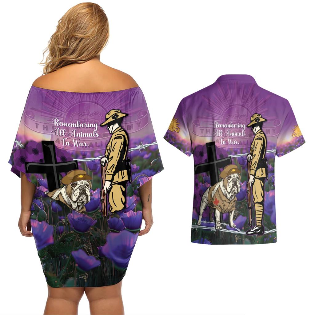 Australia Dog Heroes ANZAC Couples Matching Off Shoulder Short Dress and Hawaiian Shirt Remembering All Animals In War Purple Poppies