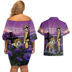 Australia Dog Heroes ANZAC Couples Matching Off Shoulder Short Dress and Hawaiian Shirt Remembering All Animals In War Purple Poppies