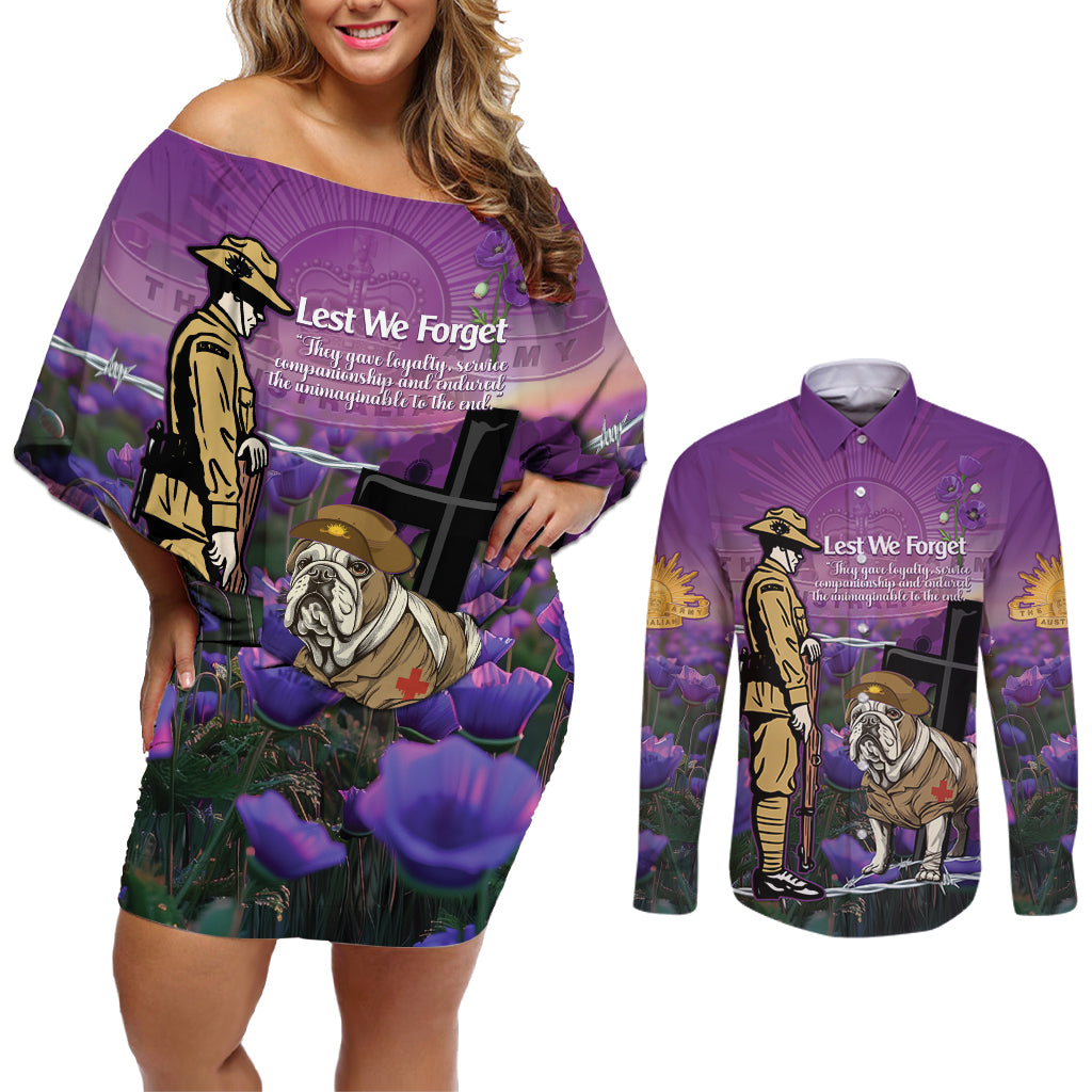 Australia Dog Heroes ANZAC Couples Matching Off Shoulder Short Dress and Long Sleeve Button Shirt Remembering All Animals In War Purple Poppies