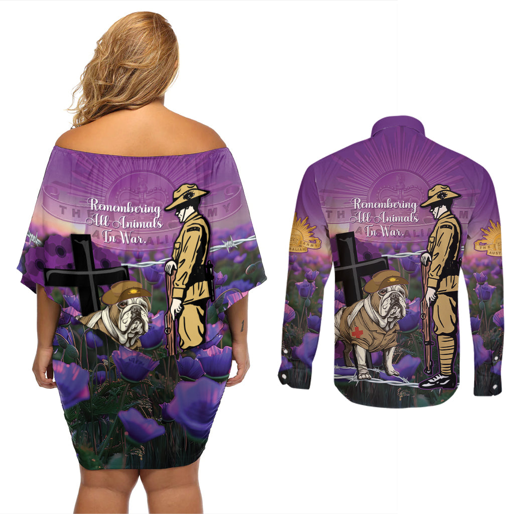 Australia Dog Heroes ANZAC Couples Matching Off Shoulder Short Dress and Long Sleeve Button Shirt Remembering All Animals In War Purple Poppies