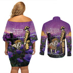 Australia Dog Heroes ANZAC Couples Matching Off Shoulder Short Dress and Long Sleeve Button Shirt Remembering All Animals In War Purple Poppies