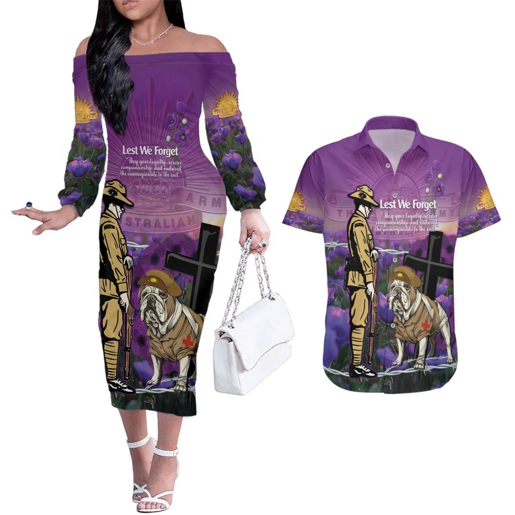 Australia Dog Heroes ANZAC Couples Matching Off The Shoulder Long Sleeve Dress and Hawaiian Shirt Remembering All Animals In War Purple Poppies