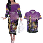 Australia Dog Heroes ANZAC Couples Matching Off The Shoulder Long Sleeve Dress and Hawaiian Shirt Remembering All Animals In War Purple Poppies