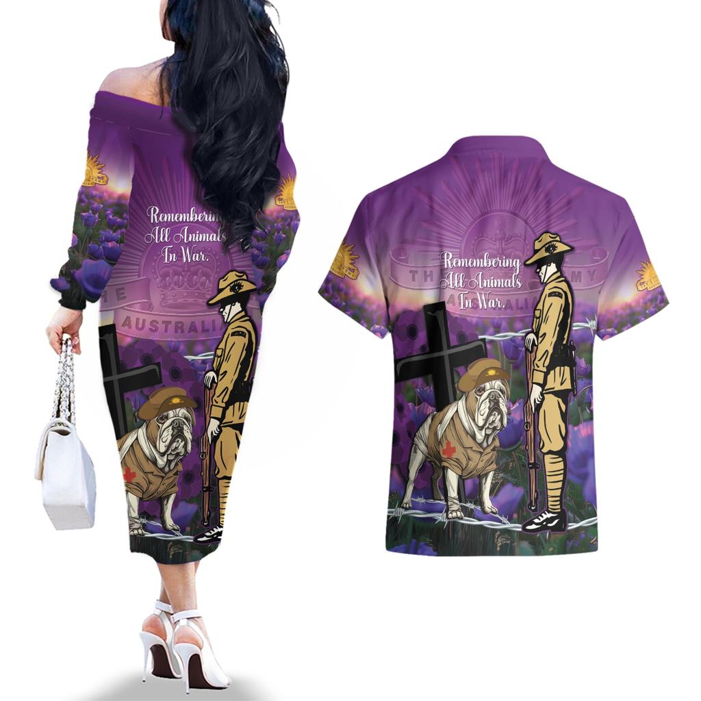 Australia Dog Heroes ANZAC Couples Matching Off The Shoulder Long Sleeve Dress and Hawaiian Shirt Remembering All Animals In War Purple Poppies