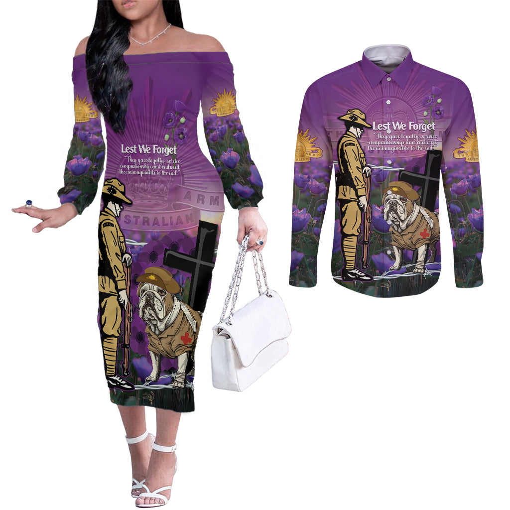 Australia Dog Heroes ANZAC Couples Matching Off The Shoulder Long Sleeve Dress and Long Sleeve Button Shirt Remembering All Animals In War Purple Poppies