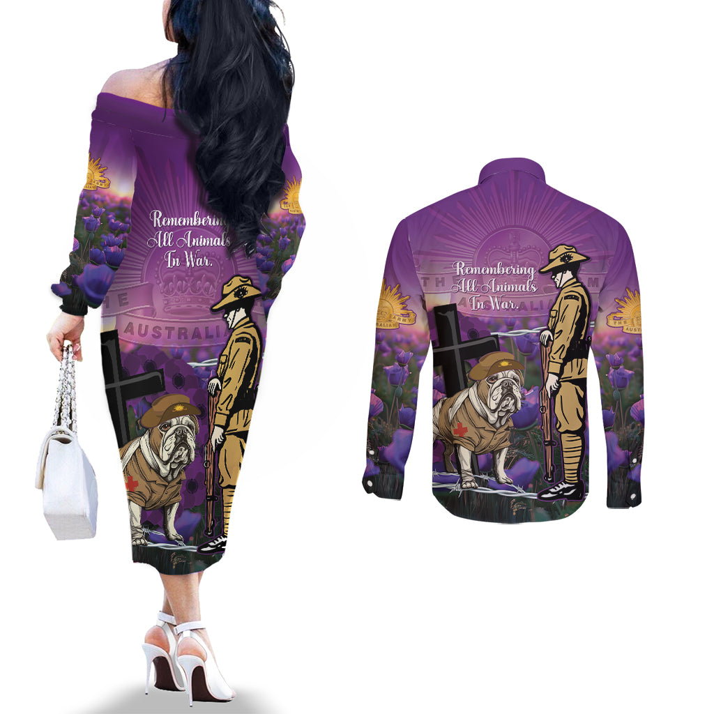 Australia Dog Heroes ANZAC Couples Matching Off The Shoulder Long Sleeve Dress and Long Sleeve Button Shirt Remembering All Animals In War Purple Poppies