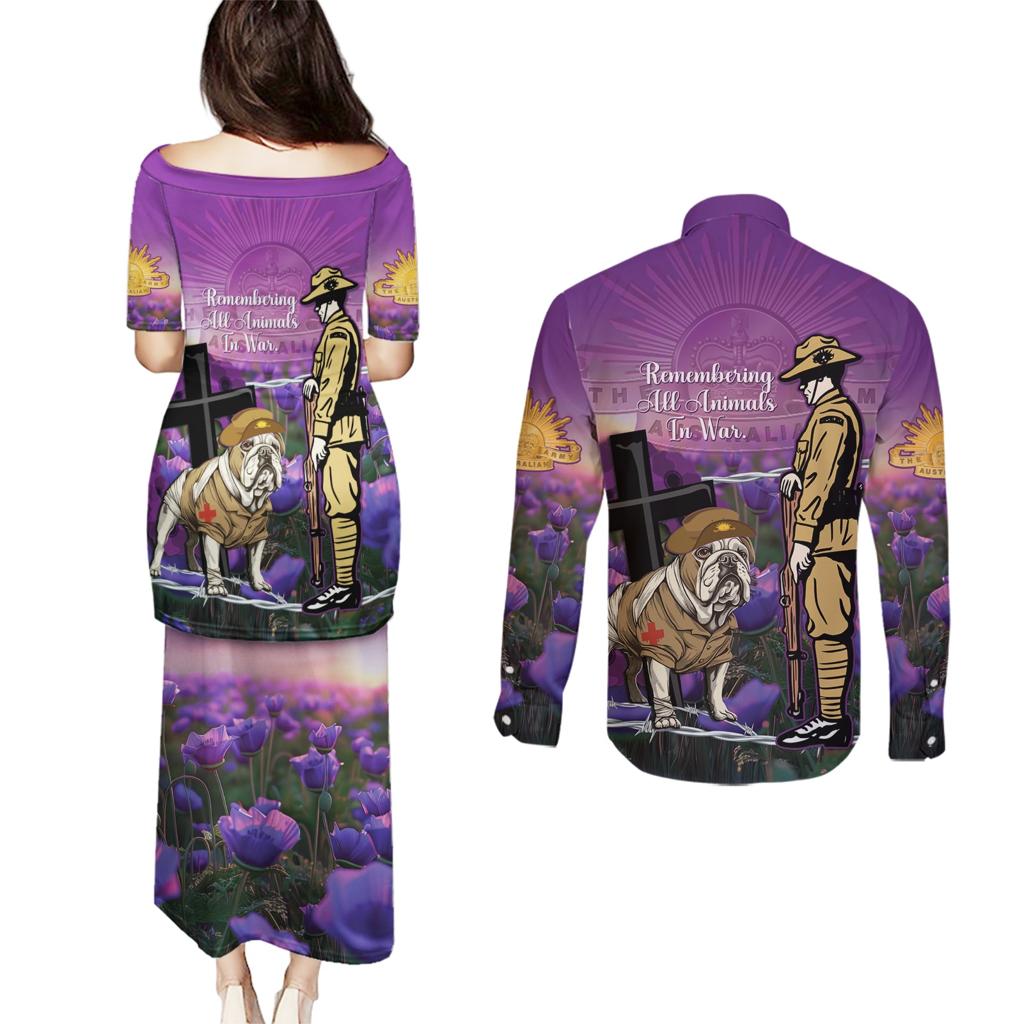 Australia Dog Heroes ANZAC Couples Matching Puletasi and Long Sleeve Button Shirt Remembering All Animals In War Purple Poppies