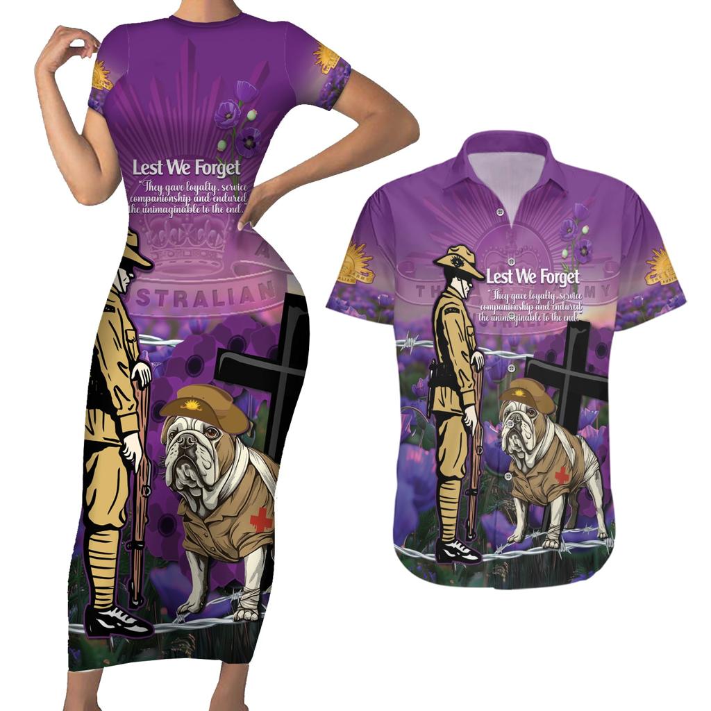 Australia Dog Heroes ANZAC Couples Matching Short Sleeve Bodycon Dress and Hawaiian Shirt Remembering All Animals In War Purple Poppies