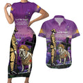 Australia Dog Heroes ANZAC Couples Matching Short Sleeve Bodycon Dress and Hawaiian Shirt Remembering All Animals In War Purple Poppies