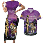 Australia Dog Heroes ANZAC Couples Matching Short Sleeve Bodycon Dress and Hawaiian Shirt Remembering All Animals In War Purple Poppies