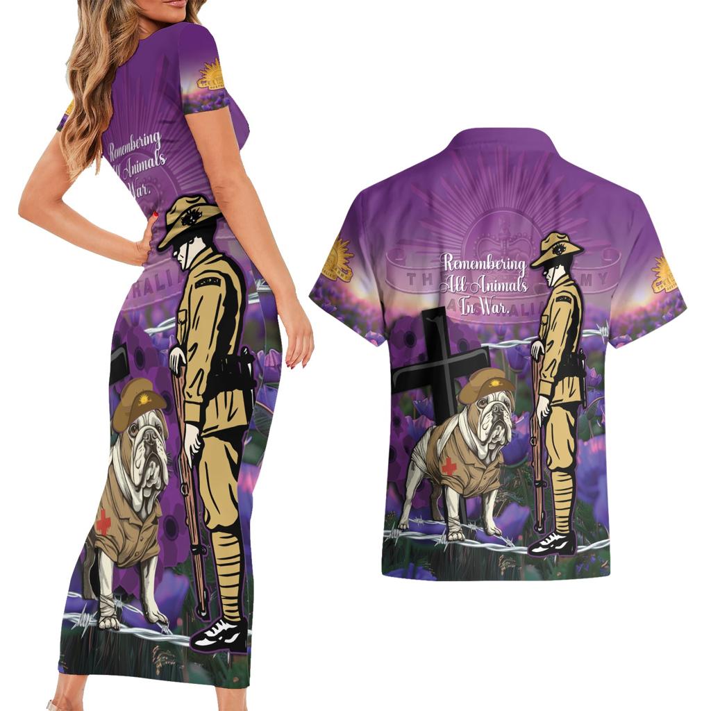 Australia Dog Heroes ANZAC Couples Matching Short Sleeve Bodycon Dress and Hawaiian Shirt Remembering All Animals In War Purple Poppies