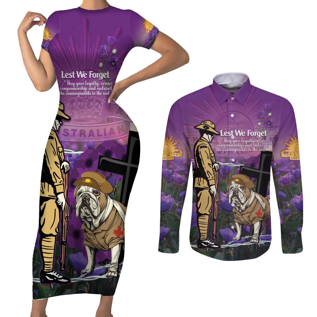 Australia Dog Heroes ANZAC Couples Matching Short Sleeve Bodycon Dress and Long Sleeve Button Shirt Remembering All Animals In War Purple Poppies