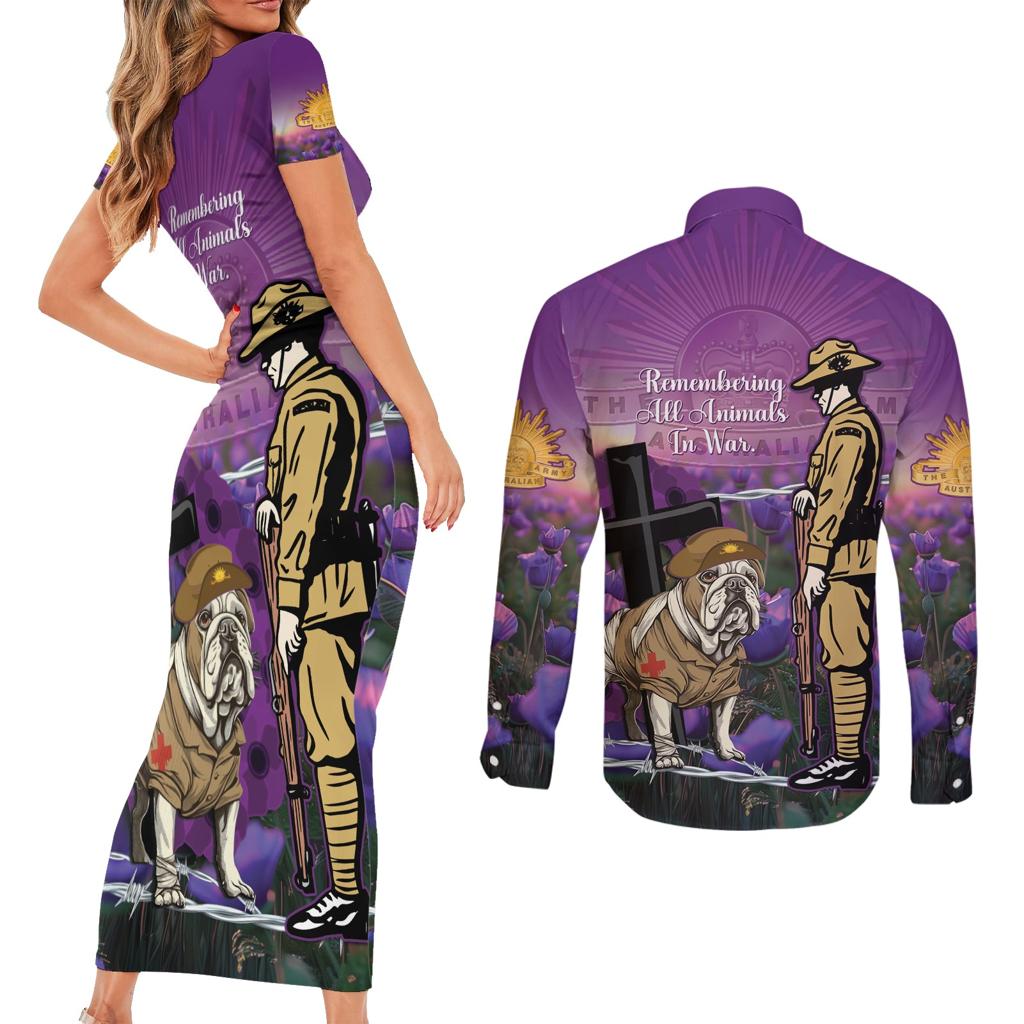 Australia Dog Heroes ANZAC Couples Matching Short Sleeve Bodycon Dress and Long Sleeve Button Shirt Remembering All Animals In War Purple Poppies