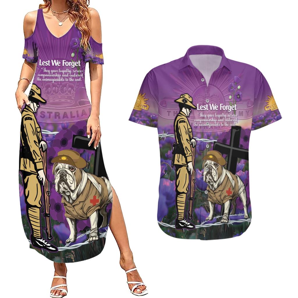 Australia Dog Heroes ANZAC Couples Matching Summer Maxi Dress and Hawaiian Shirt Remembering All Animals In War Purple Poppies