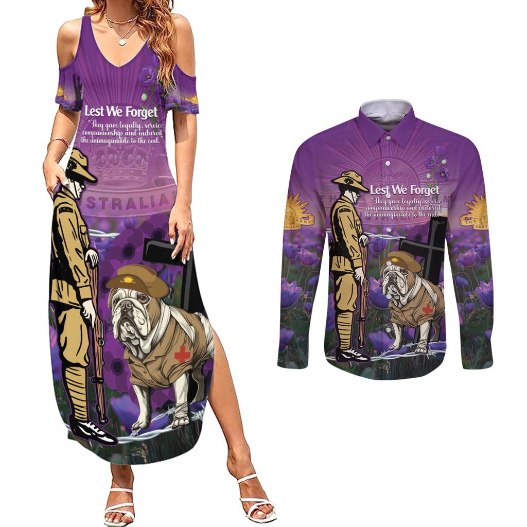 Australia Dog Heroes ANZAC Couples Matching Summer Maxi Dress and Long Sleeve Button Shirt Remembering All Animals In War Purple Poppies