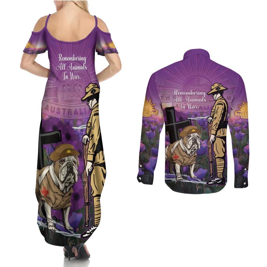 Australia Dog Heroes ANZAC Couples Matching Summer Maxi Dress and Long Sleeve Button Shirt Remembering All Animals In War Purple Poppies