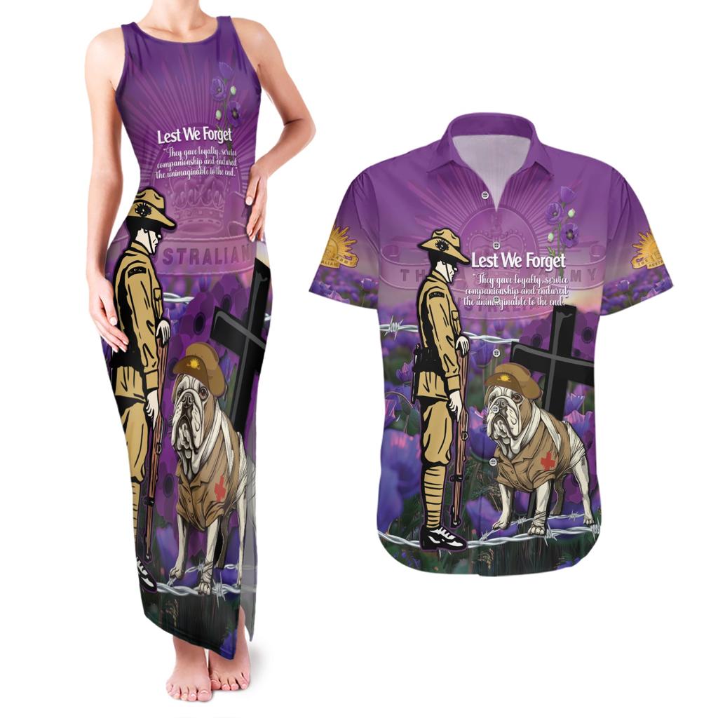 Australia Dog Heroes ANZAC Couples Matching Tank Maxi Dress and Hawaiian Shirt Remembering All Animals In War Purple Poppies