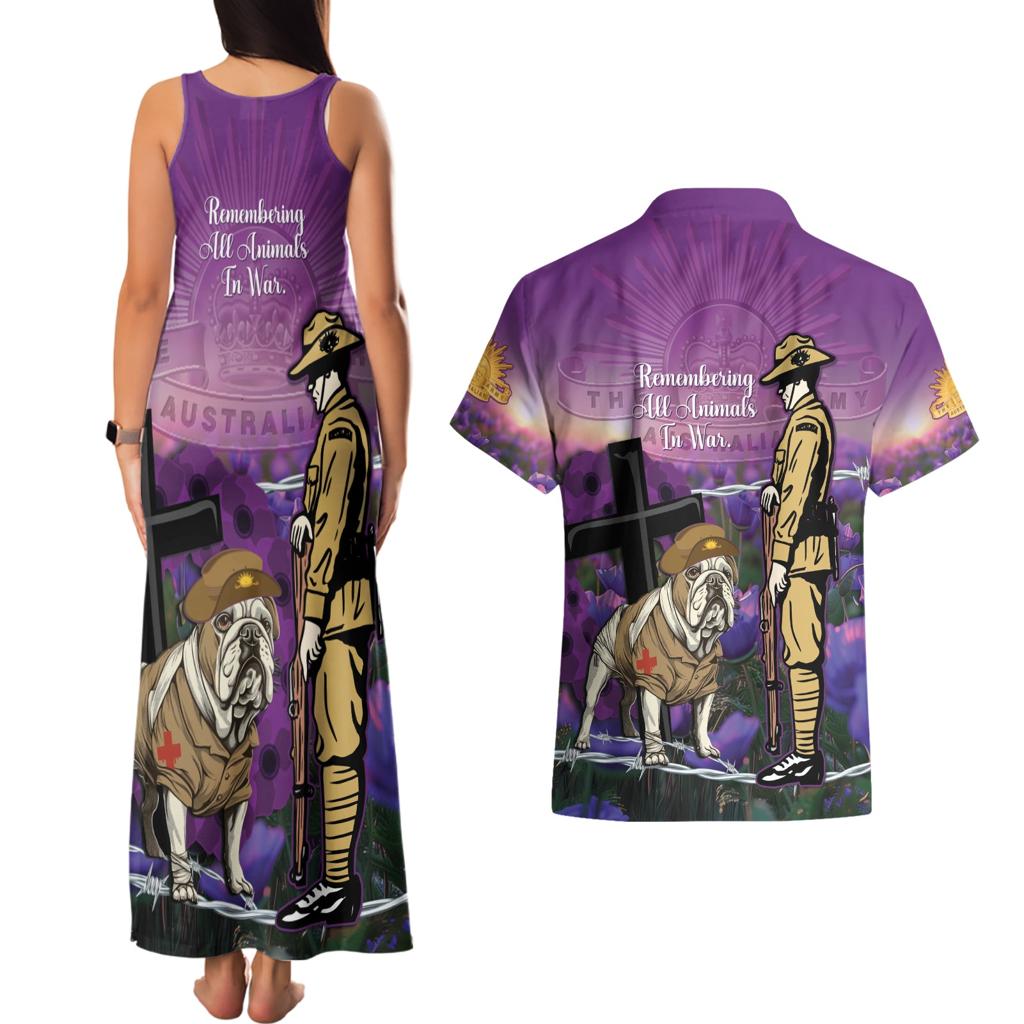 Australia Dog Heroes ANZAC Couples Matching Tank Maxi Dress and Hawaiian Shirt Remembering All Animals In War Purple Poppies