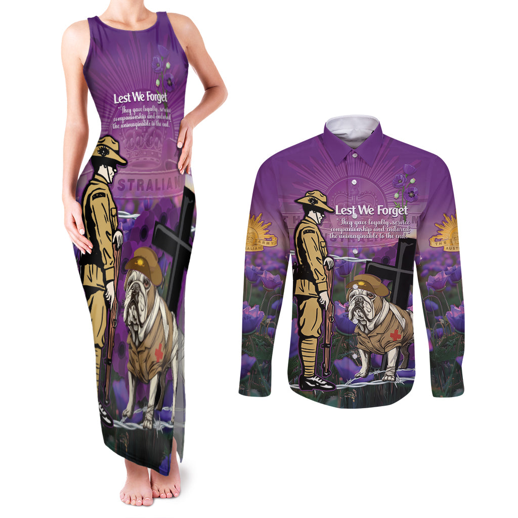 Australia Dog Heroes ANZAC Couples Matching Tank Maxi Dress and Long Sleeve Button Shirt Remembering All Animals In War Purple Poppies