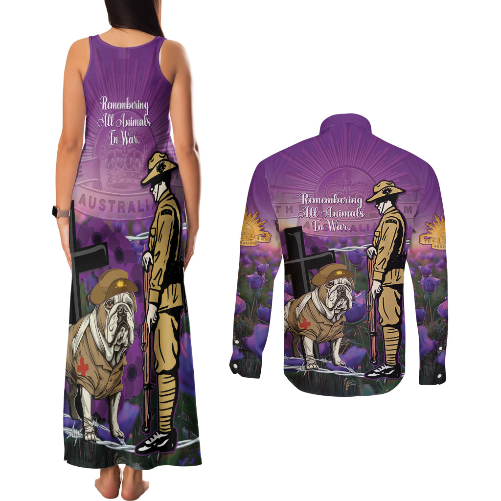 Australia Dog Heroes ANZAC Couples Matching Tank Maxi Dress and Long Sleeve Button Shirt Remembering All Animals In War Purple Poppies