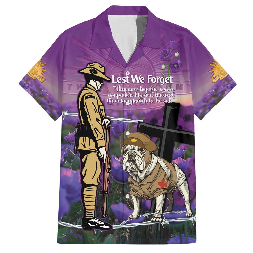 Australia Dog Heroes ANZAC Family Matching Off The Shoulder Long Sleeve Dress and Hawaiian Shirt Remembering All Animals In War Purple Poppies