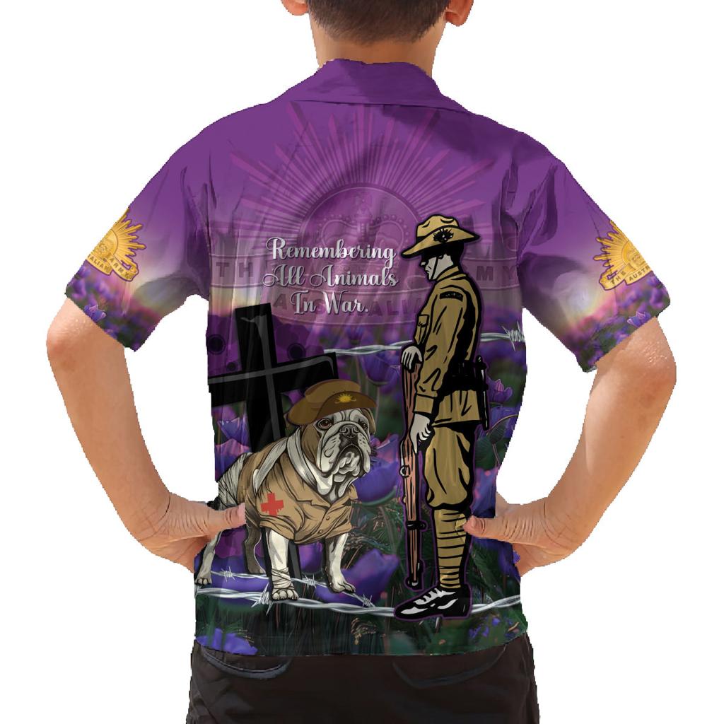 Australia Dog Heroes ANZAC Family Matching Off Shoulder Maxi Dress and Hawaiian Shirt Remembering All Animals In War Purple Poppies