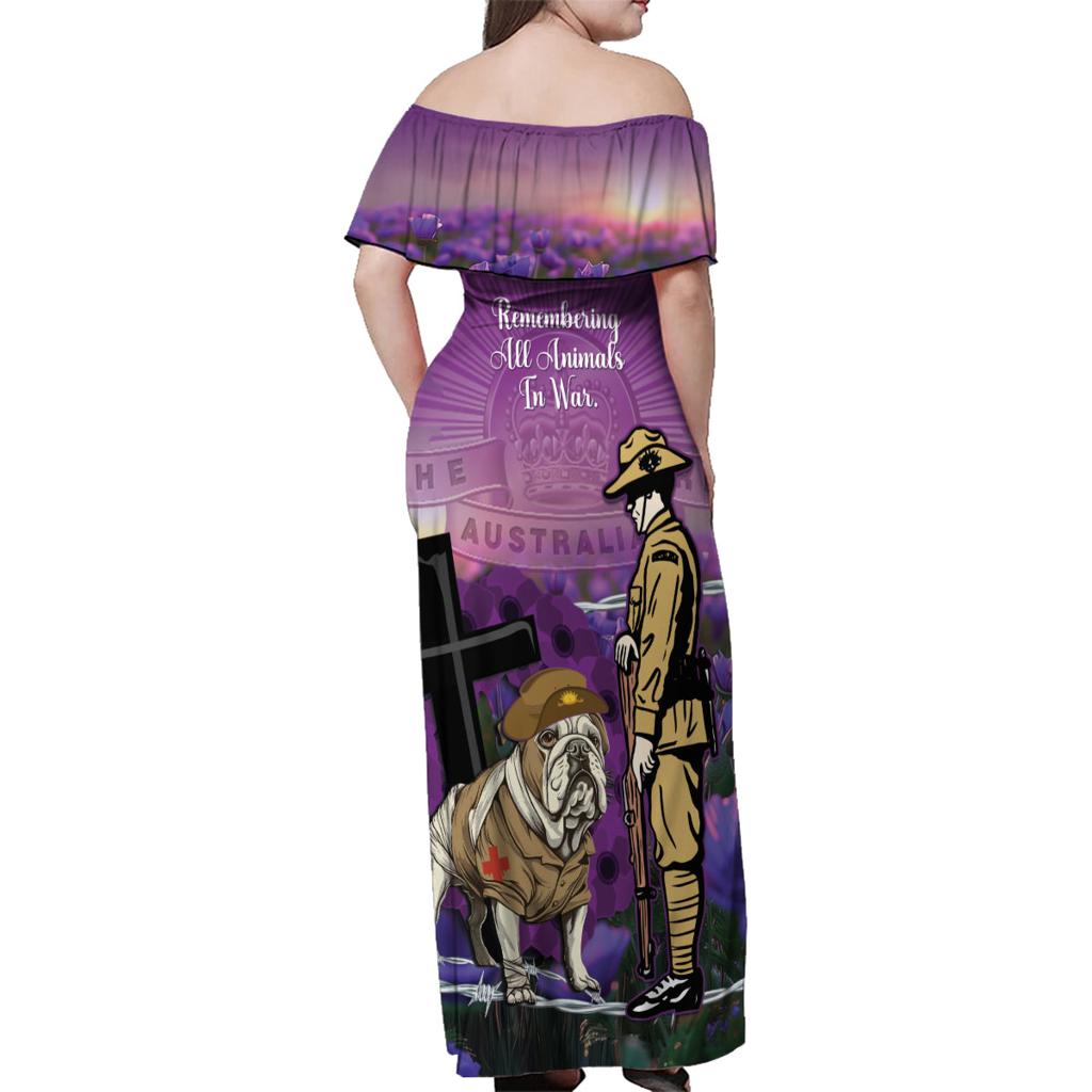 Australia Dog Heroes ANZAC Family Matching Off Shoulder Maxi Dress and Hawaiian Shirt Remembering All Animals In War Purple Poppies
