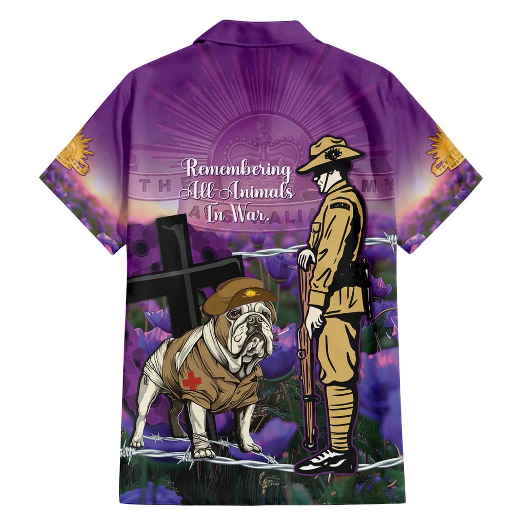Australia Dog Heroes ANZAC Family Matching Off Shoulder Short Dress and Hawaiian Shirt Remembering All Animals In War Purple Poppies