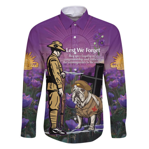 Australia Dog Heroes ANZAC Family Matching Off Shoulder Short Dress and Hawaiian Shirt Remembering All Animals In War Purple Poppies
