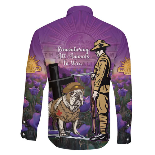 Australia Dog Heroes ANZAC Family Matching Off Shoulder Short Dress and Hawaiian Shirt Remembering All Animals In War Purple Poppies