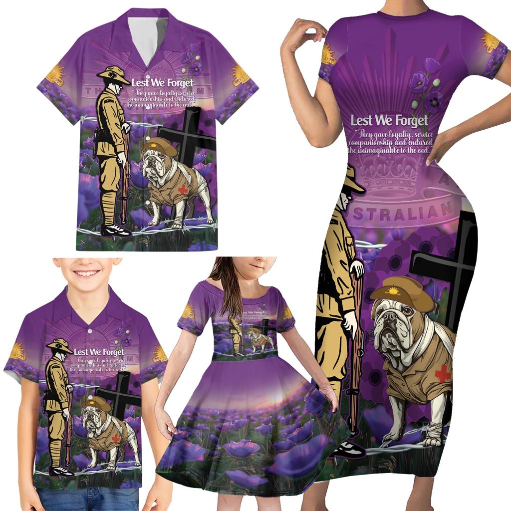 Australia Dog Heroes ANZAC Family Matching Short Sleeve Bodycon Dress and Hawaiian Shirt Remembering All Animals In War Purple Poppies