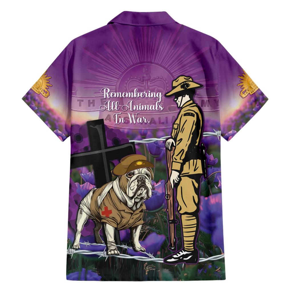 Australia Dog Heroes ANZAC Family Matching Short Sleeve Bodycon Dress and Hawaiian Shirt Remembering All Animals In War Purple Poppies